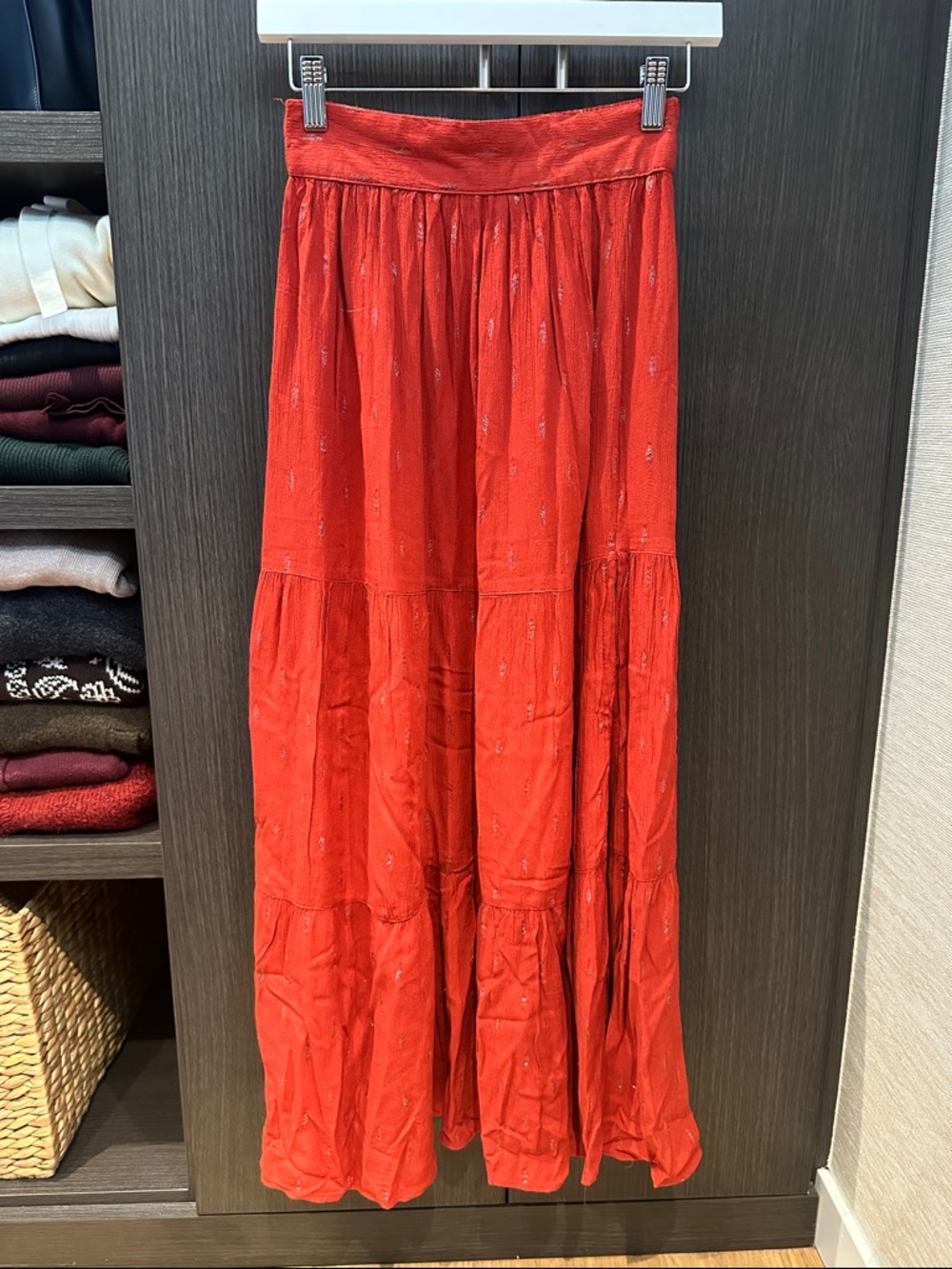 Blue Rain Red Tiered Midi Skirt